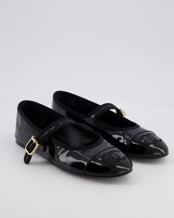 Chanel Black Mary Jane Ballerina Shoes in Patent Leather with Strap Detail and Gold Hardware Size EU 39.5