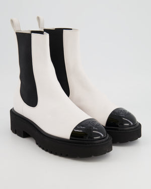 Chanel White Leather Ankle Boots with Black Patent Toe Cap and CC Logo Detail Size EU 37.5