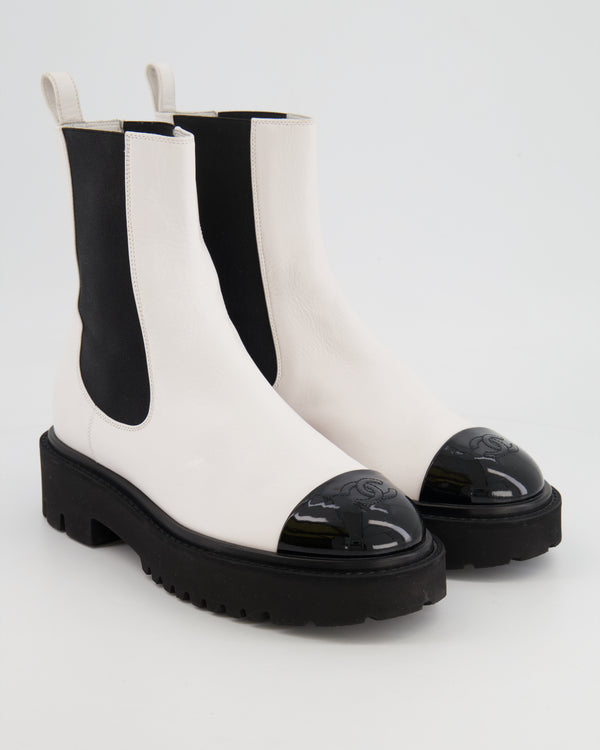 Chanel White Leather Ankle Boots with Black Patent Toe Cap and CC Logo Detail Size EU 37.5