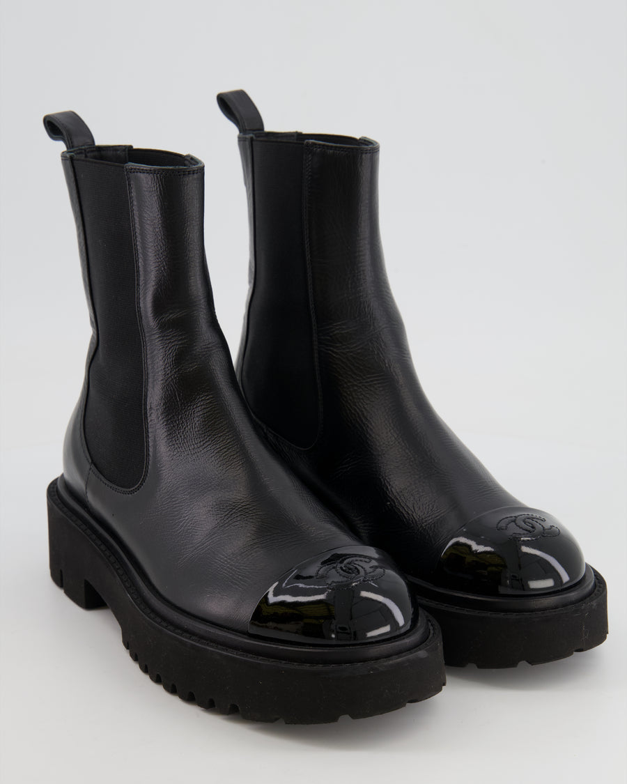 Chanel Black Leather Ankle Boots with Black Patent Leather Toe Cap and CC Logo Size EU 37.5