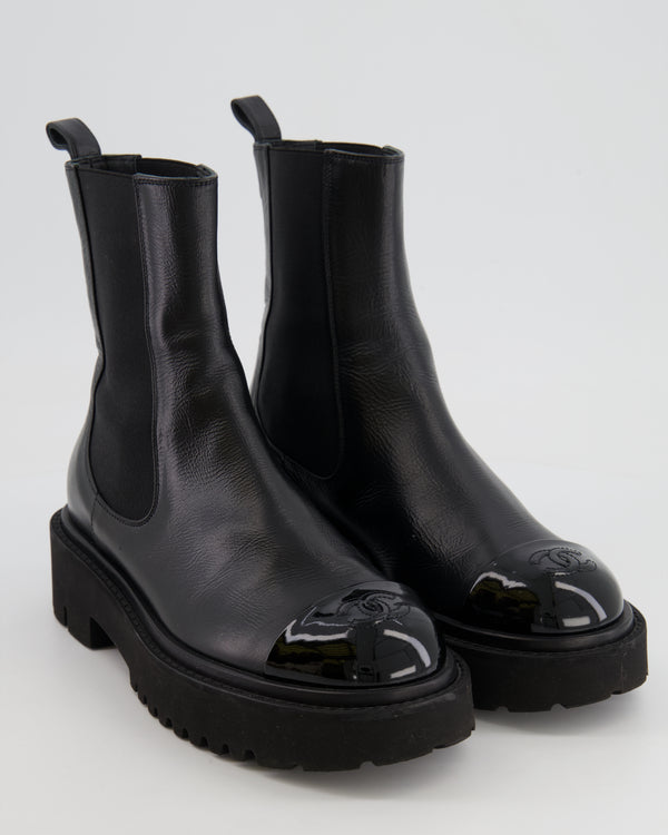 Chanel Black Leather Ankle Boots with Black Patent Leather Toe Cap and CC Logo Size EU 37.5