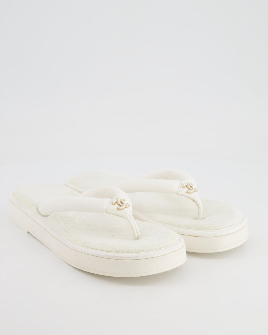 Chanel White Leather Flip Flops with Cloth Lining and Gold and White CC Logo Detail Size EU 37C