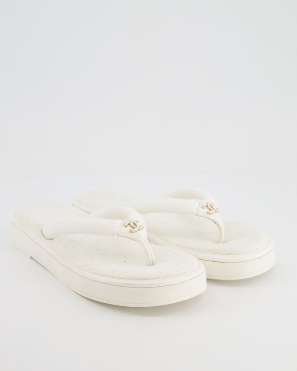 Chanel White Leather Flip Flops with Cloth Lining and Gold and White CC Logo Detail Size EU 37C
