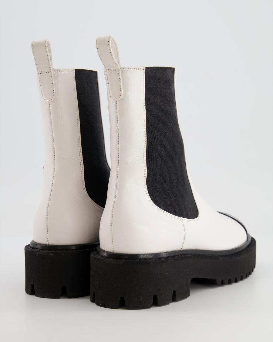 Chanel White Leather Ankle Boots with Black Patent Toe Cap and CC Logo Detail Size EU 37.5