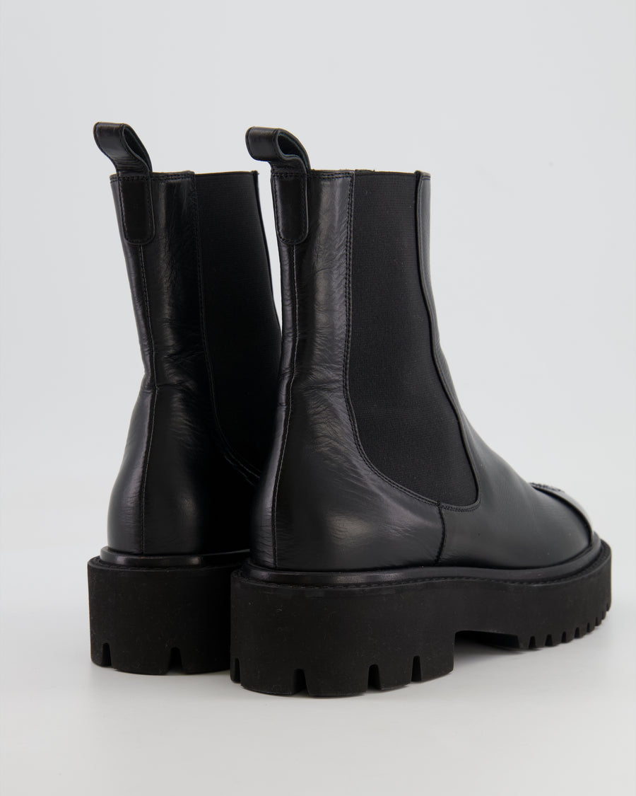Chanel Black Leather Ankle Boots with Black Patent Leather Toe Cap and CC Logo Size EU 37.5