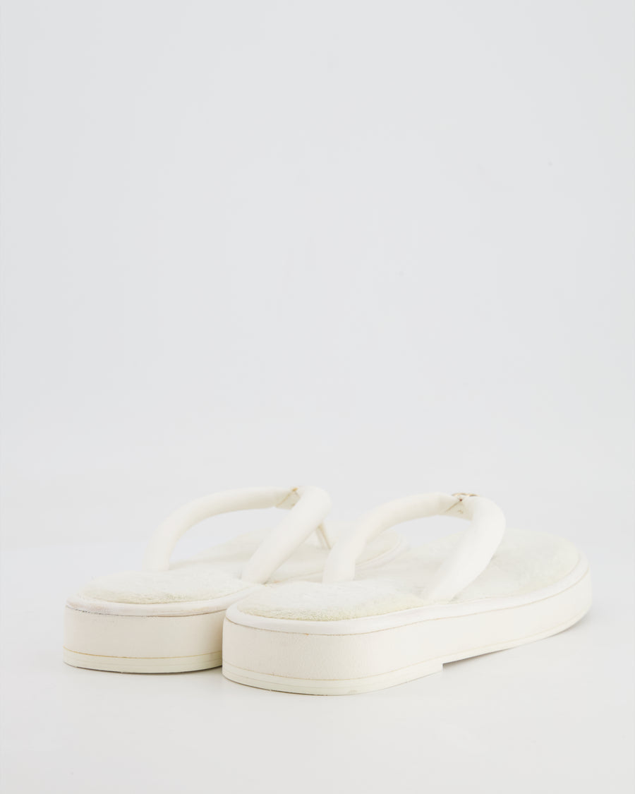 Chanel White Leather Flip Flops with Cloth Lining and Gold and White CC Logo Detail Size EU 37C