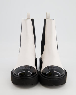 Chanel White Leather Ankle Boots with Black Patent Toe Cap and CC Logo Detail Size EU 37.5