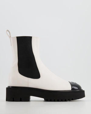 Chanel White Leather Ankle Boots with Black Patent Toe Cap and CC Logo Detail Size EU 37.5