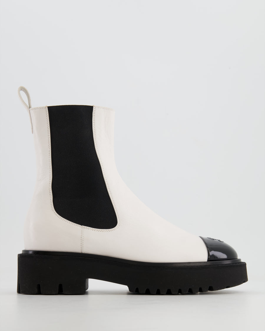 Chanel White Leather Ankle Boots with Black Patent Toe Cap and CC Logo Detail Size EU 37.5