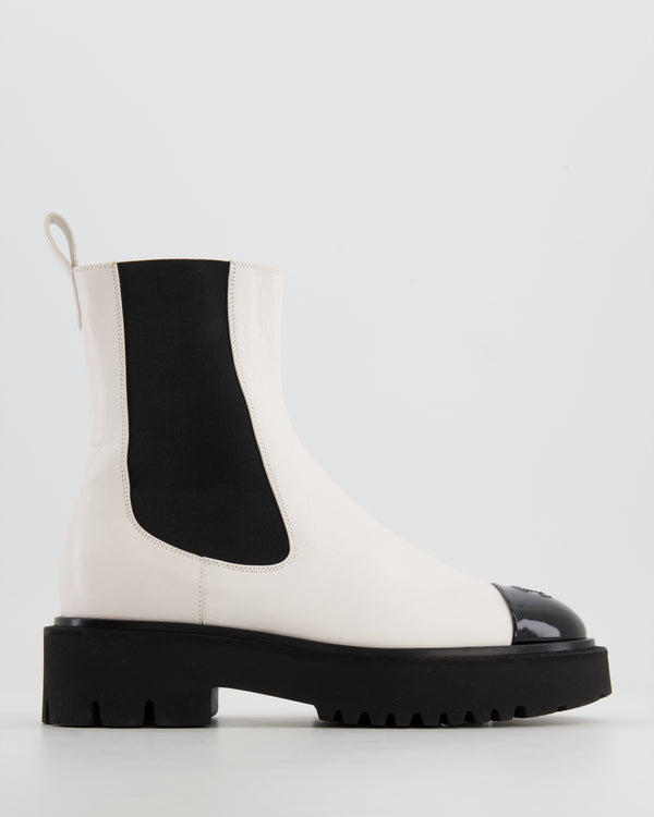 Chanel White Leather Ankle Boots with Black Patent Toe Cap and CC Logo Detail Size EU 37.5