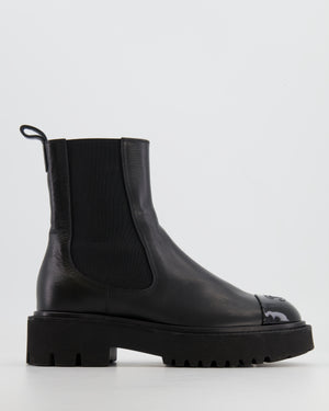 Chanel Black Leather Ankle Boots with Black Patent Leather Toe Cap and CC Logo Size EU 37.5