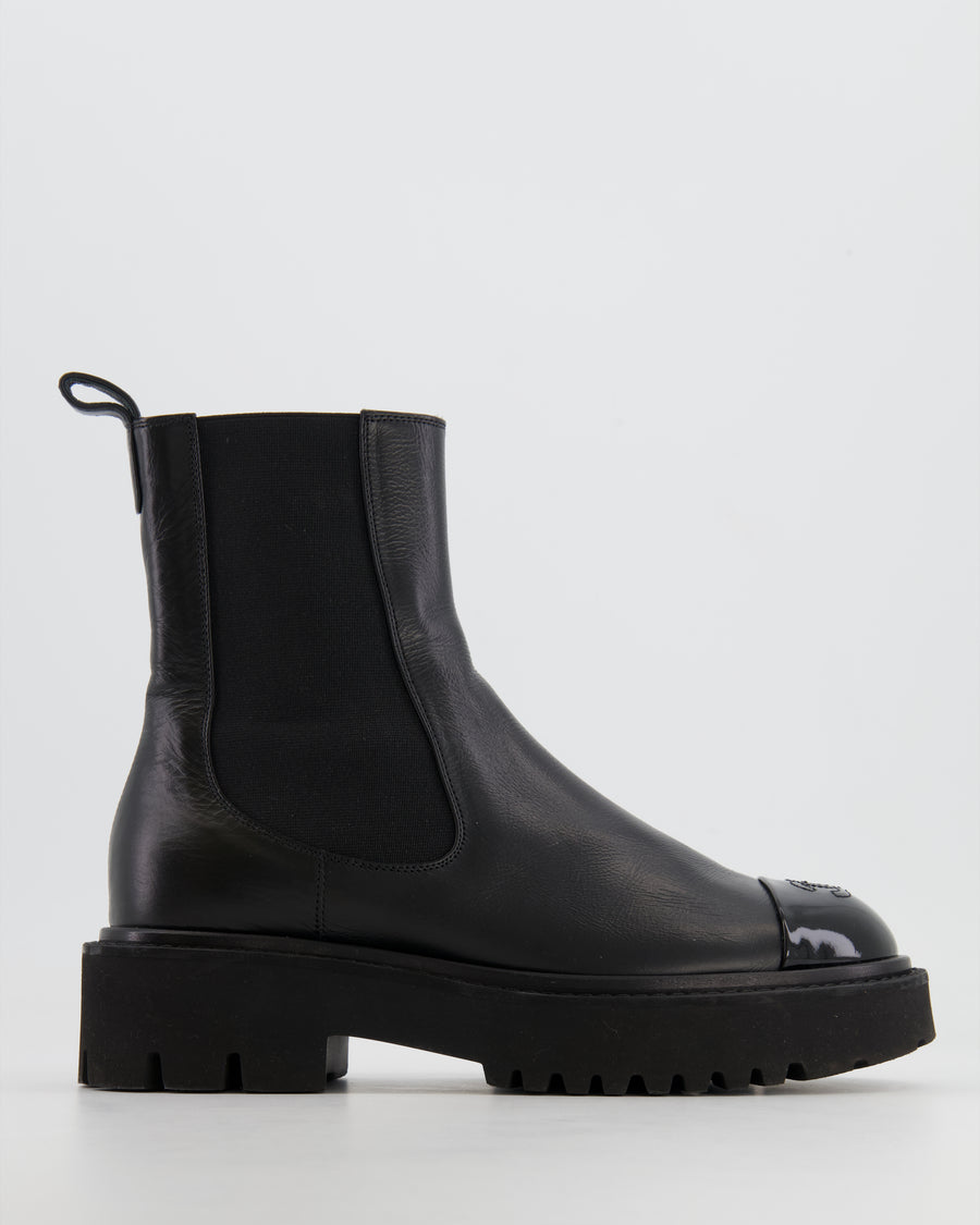 Chanel Black Leather Ankle Boots with Black Patent Leather Toe Cap and CC Logo Size EU 37.5