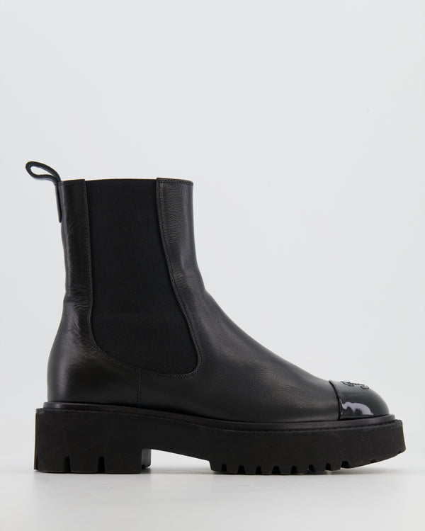 Chanel Black Leather Ankle Boots with Black Patent Leather Toe Cap and CC Logo Size EU 37.5