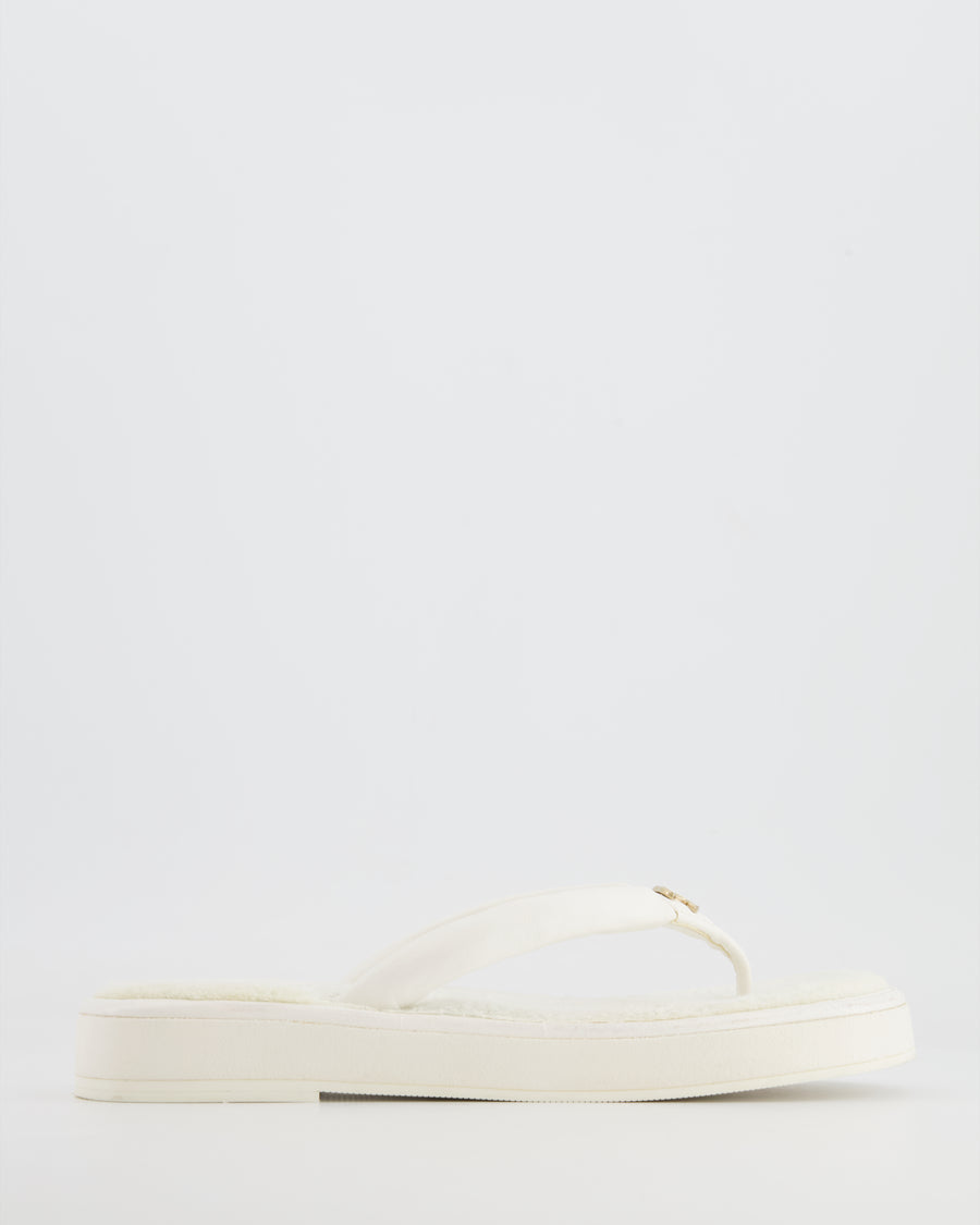 Chanel White Leather Flip Flops with Cloth Lining and Gold and White CC Logo Detail Size EU 37C