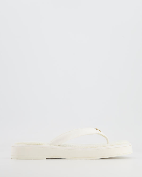 Chanel White Leather Flip Flops with Cloth Lining and Gold and White CC Logo Detail Size EU 37C