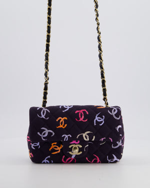 Chanel 24/S Navy Multicolour Jersey Mini Rectangular CC Flap Bag with Champagne Gold Hardware