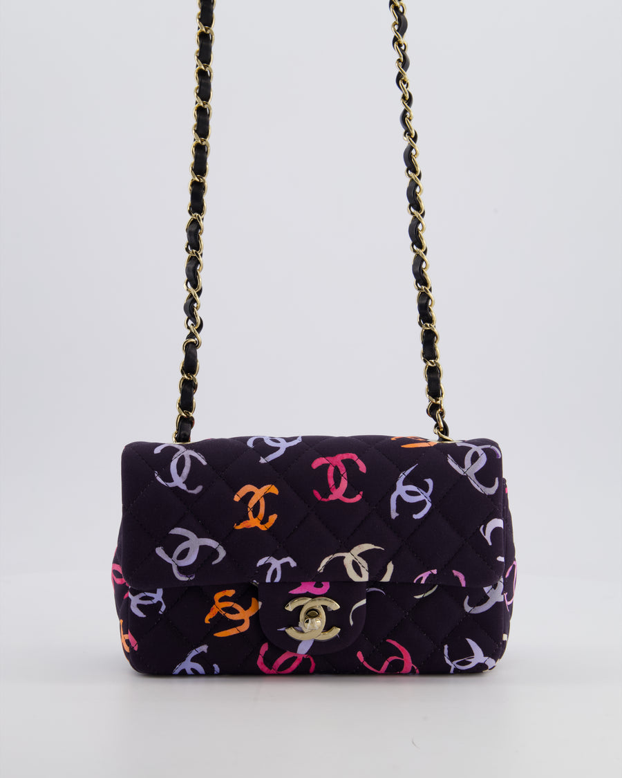 Chanel 24/S Navy Multicolour Jersey Mini Rectangular CC Flap Bag with Champagne Gold Hardware