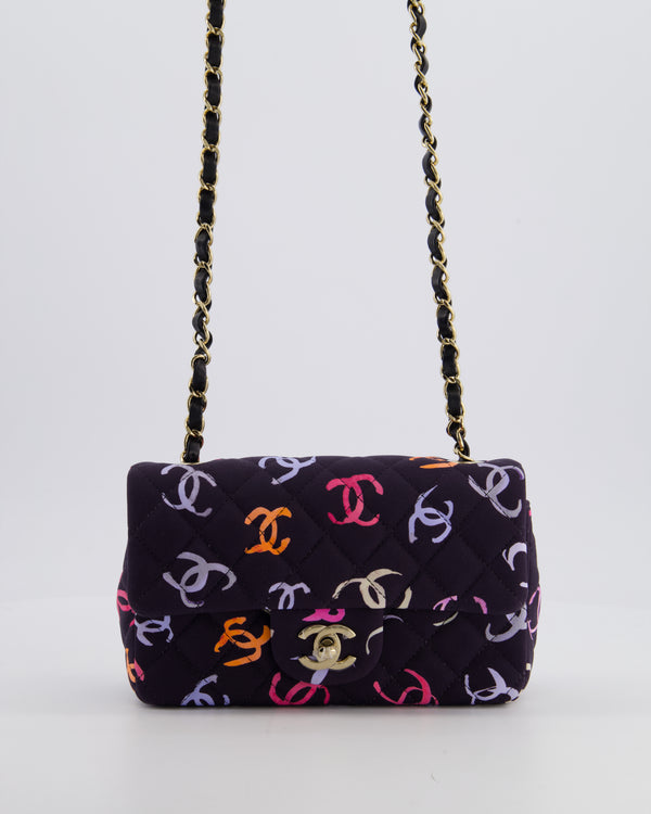 Chanel 24/S Navy Multicolour Jersey Mini Rectangular CC Flap Bag with Champagne Gold Hardware