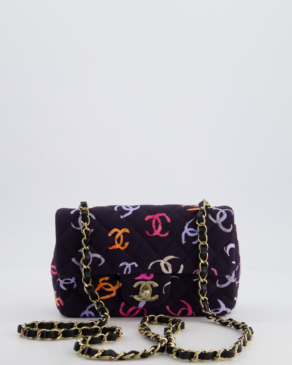 Chanel 24/S Navy Multicolour Jersey Mini Rectangular CC Flap Bag with Champagne Gold Hardware