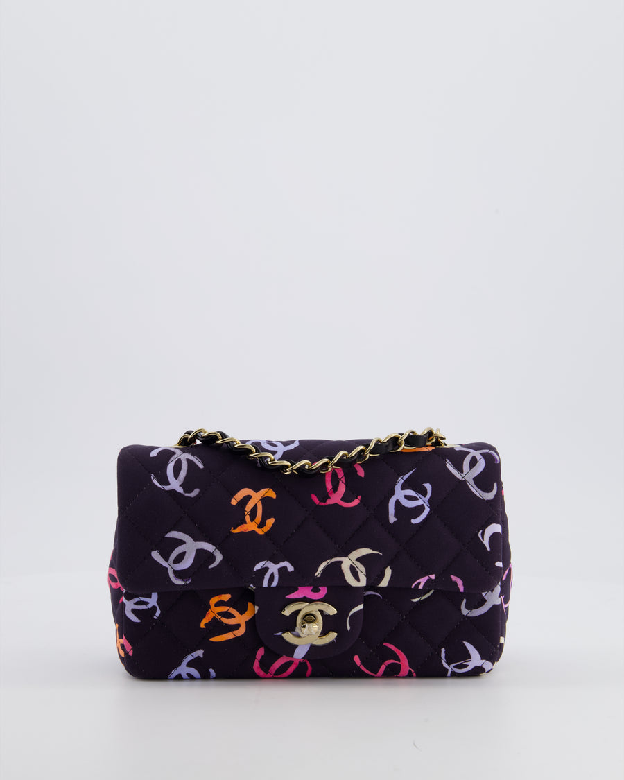 Chanel 24/S Navy Multicolour Jersey Mini Rectangular CC Flap Bag with Champagne Gold Hardware