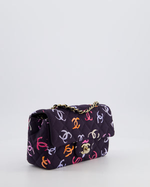 Chanel 24/S Navy Multicolour Jersey Mini Rectangular CC Flap Bag with Champagne Gold Hardware