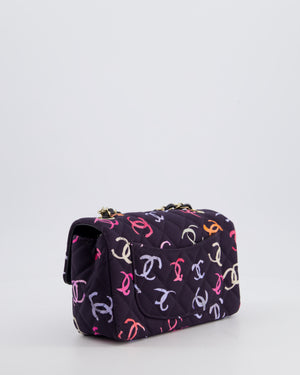 Chanel 24/S Navy Multicolour Jersey Mini Rectangular CC Flap Bag with Champagne Gold Hardware
