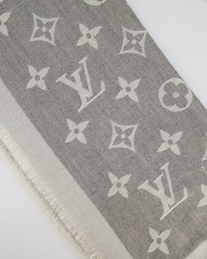 Louis Vuitton Grey Monogram Scarf with Fringe Detail Size 140cm x 140cm