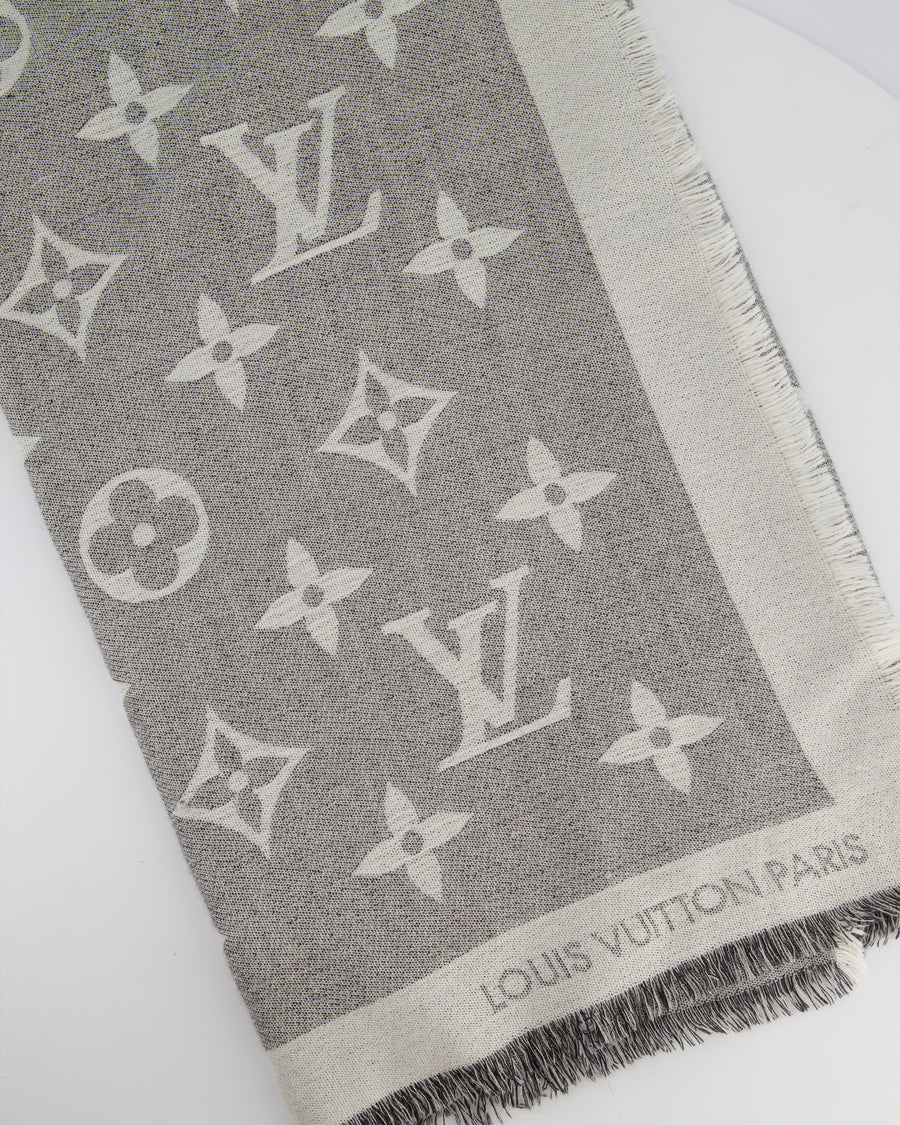 Louis Vuitton Grey Monogram Scarf with Fringe Detail Size 140cm x 140cm