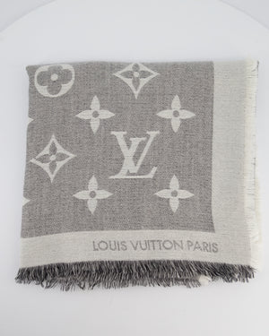 Louis Vuitton Grey Monogram Scarf with Fringe Detail Size 140cm x 140cm