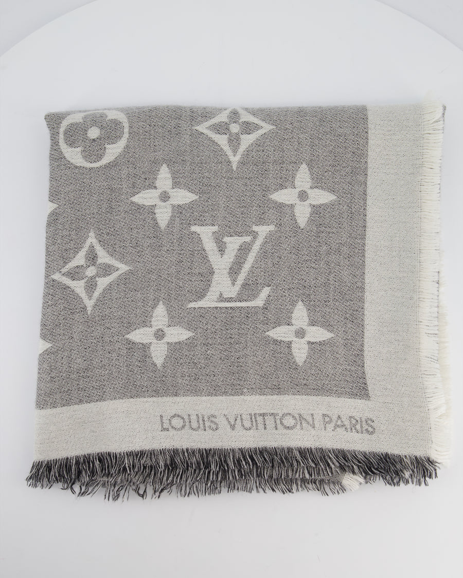 Louis Vuitton Grey Monogram Scarf with Fringe Detail Size 140cm x 140cm