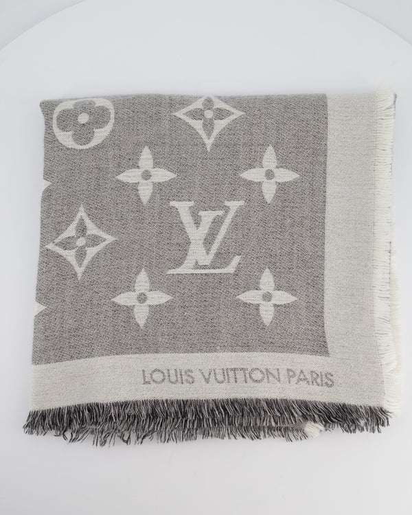 Louis Vuitton Grey Monogram Scarf with Fringe Detail Size 140cm x 140cm