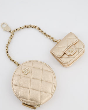 Chanel Champagne Metallic Lambskin Quilted Round Clip On Coin Purse & Airpods Case with Silver Hardware