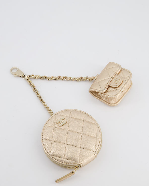 Chanel Champagne Metallic Lambskin Quilted Round Clip On Coin Purse & Airpods Case with Silver Hardware