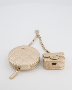 Chanel Champagne Metallic Lambskin Quilted Round Clip On Coin Purse & Airpods Case with Silver Hardware