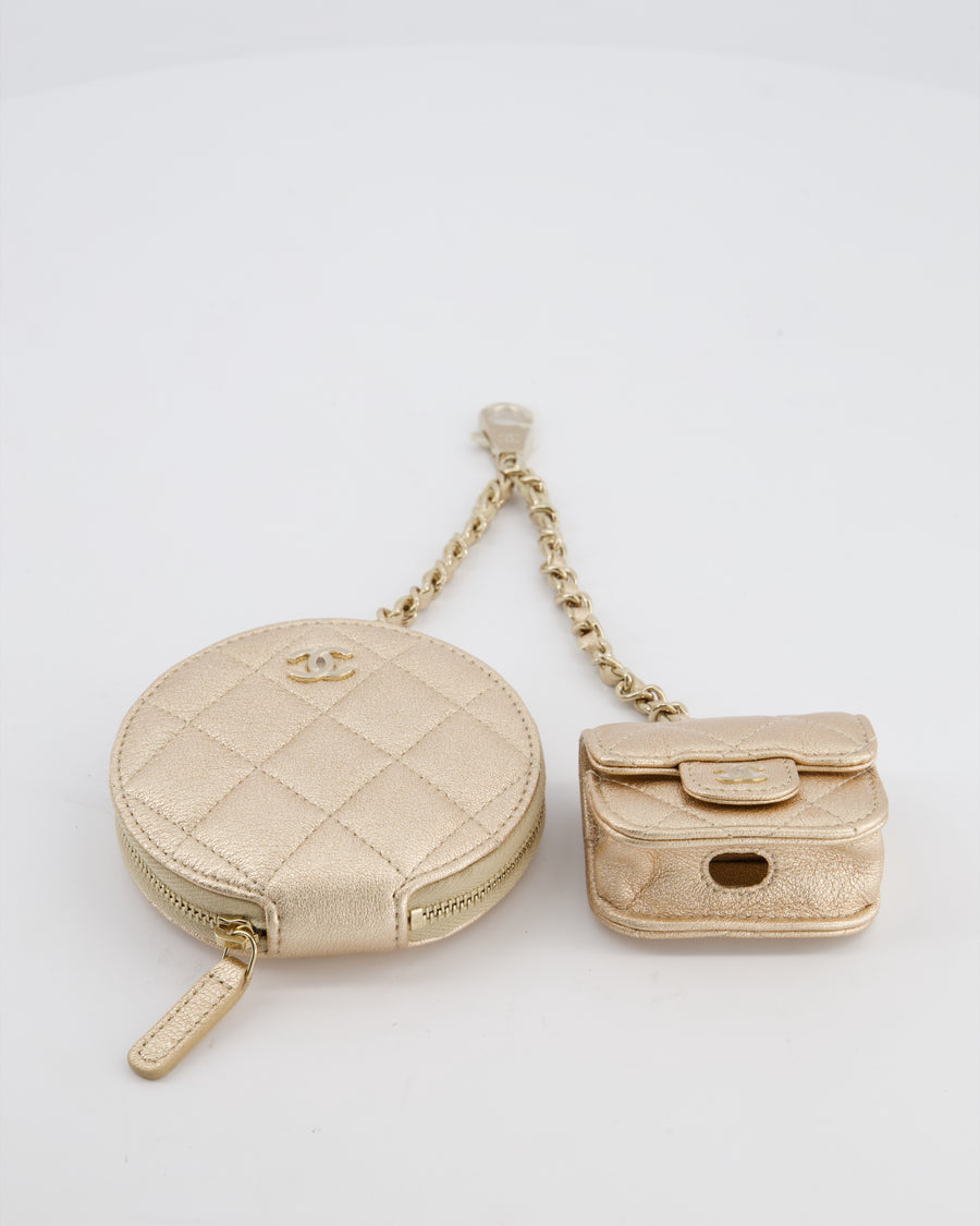 Chanel Champagne Metallic Lambskin Quilted Round Clip On Coin Purse & Airpods Case with Silver Hardware