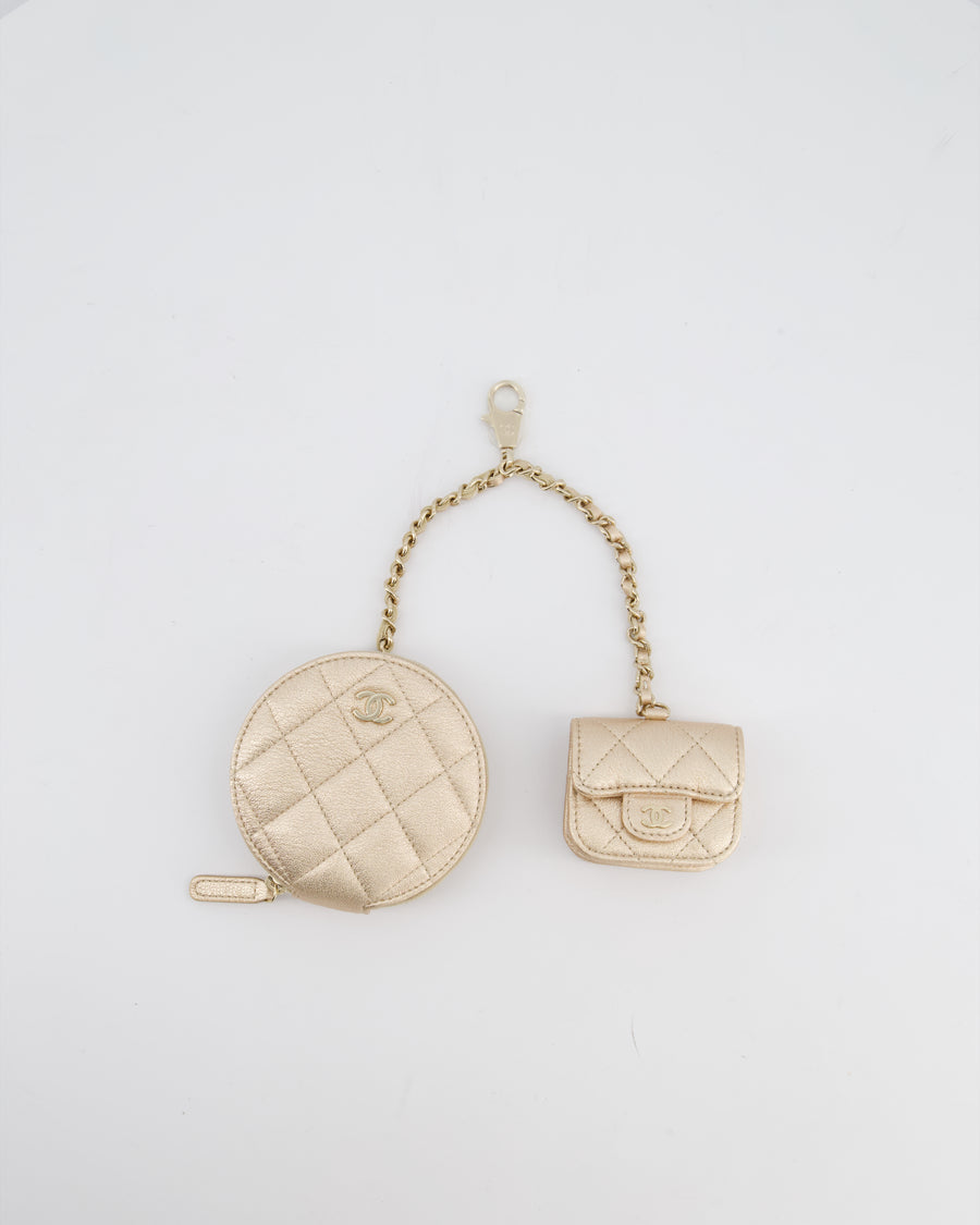 Chanel Champagne Metallic Lambskin Quilted Round Clip On Coin Purse & Airpods Case with Silver Hardware