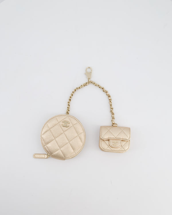 Chanel Champagne Metallic Lambskin Quilted Round Clip On Coin Purse & Airpods Case with Silver Hardware