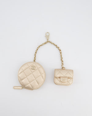 Chanel Champagne Metallic Lambskin Quilted Round Clip On Coin Purse & Airpods Case with Silver Hardware