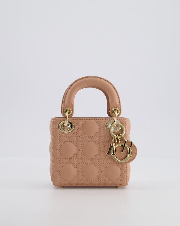 Christian Dior Blush Pink Micro Lady Dior Bag In Cannage Quilted Lambskin Leather with Gold Hardware