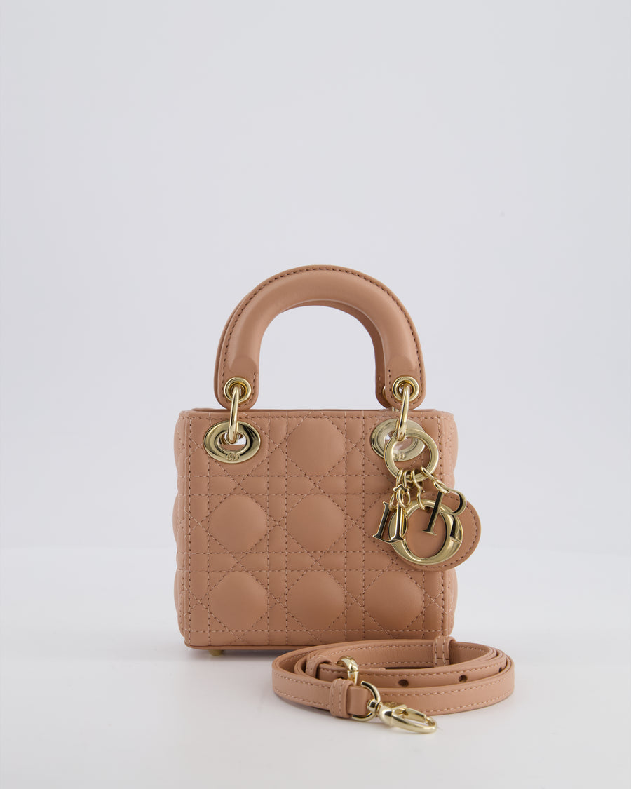 Christian Dior Blush Pink Micro Lady Dior Bag In Cannage Quilted Lambskin Leather with Gold Hardware