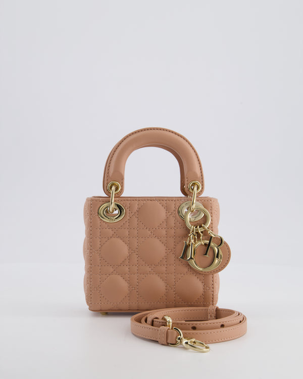 Christian Dior Blush Pink Micro Lady Dior Bag In Cannage Quilted Lambskin Leather with Gold Hardware