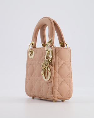 Christian Dior Blush Pink Micro Lady Dior Bag In Cannage Quilted Lambskin Leather with Gold Hardware