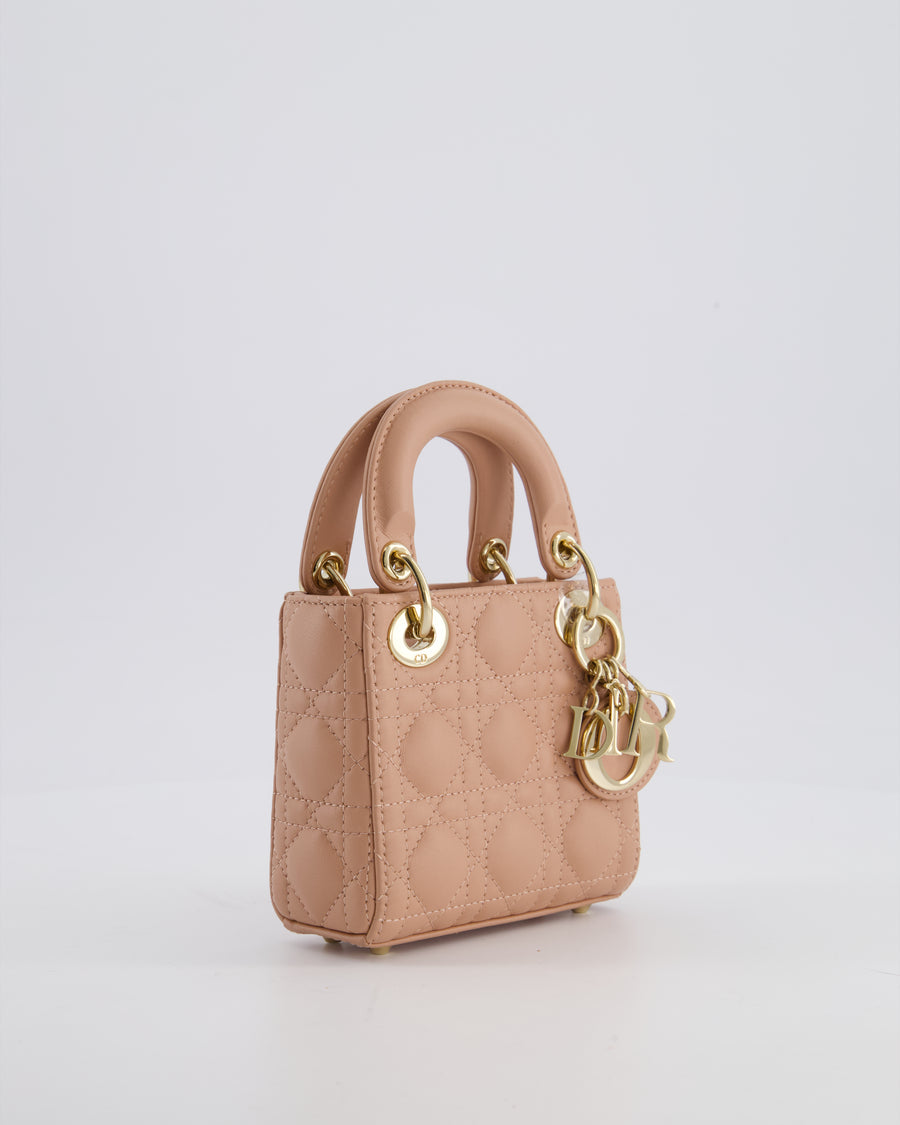 Christian Dior Blush Pink Micro Lady Dior Bag In Cannage Quilted Lambskin Leather with Gold Hardware