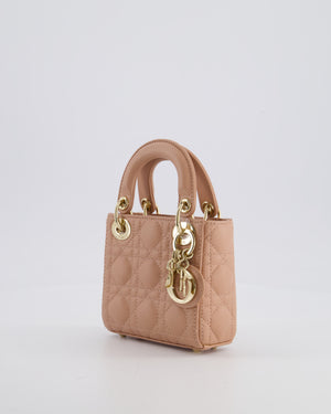 Christian Dior Blush Pink Micro Lady Dior Bag In Cannage Quilted Lambskin Leather with Gold Hardware