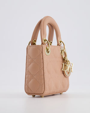 Christian Dior Blush Pink Micro Lady Dior Bag In Cannage Quilted Lambskin Leather with Gold Hardware