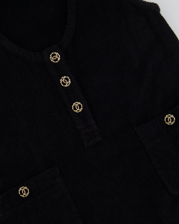 Chanel Black Terry Beach Mini Dress with Pocket Detail and Champagne Gold CC Logo Buttons Size FR 36 (UK 8)