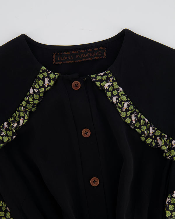 Ulyana Sergeenko Black Silk Belted Playsuit with Green Flower and Goat Print Trim Detail Size FR 36 (UK 8)