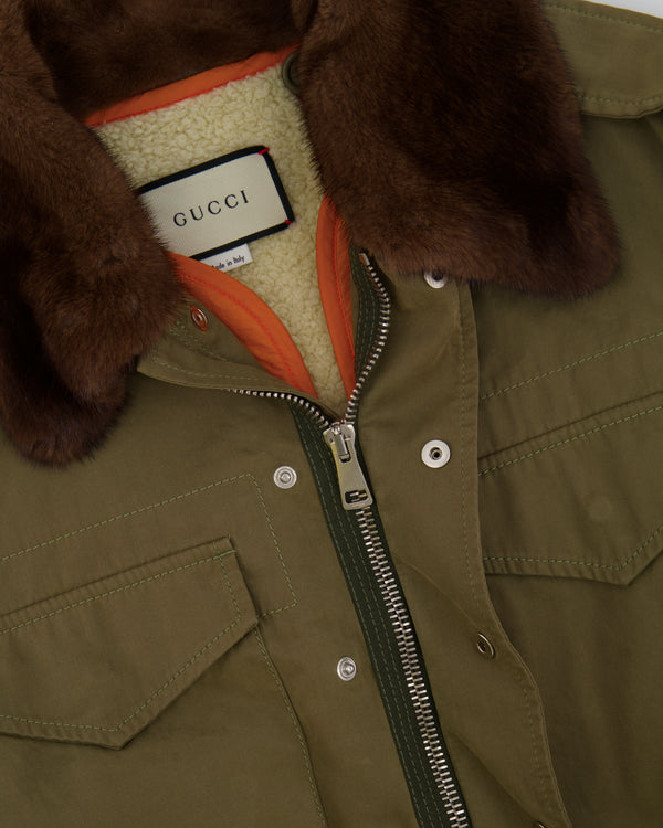 Gucci Khaki Jacket with Brown Mink Fur Trim and Shearling Lining with Logo Print Size IT 38 (UK 6)