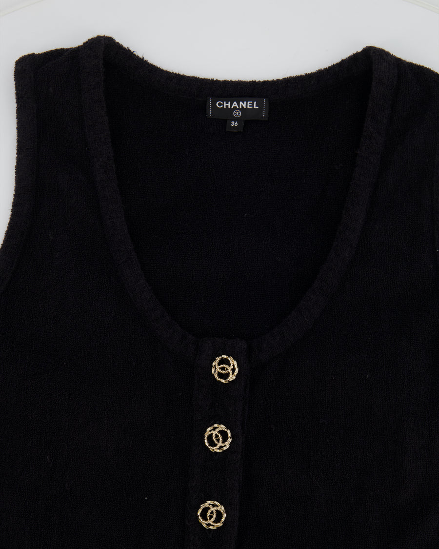 Chanel Black Terry Beach Mini Dress with Pocket Detail and Champagne Gold CC Logo Buttons Size FR 36 (UK 8)