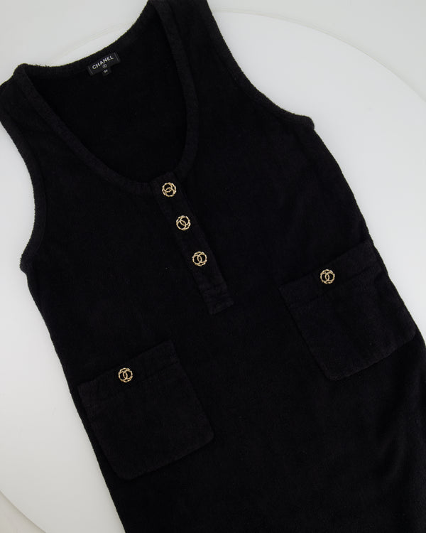 Chanel Black Terry Beach Mini Dress with Pocket Detail and Champagne Gold CC Logo Buttons Size FR 36 (UK 8)
